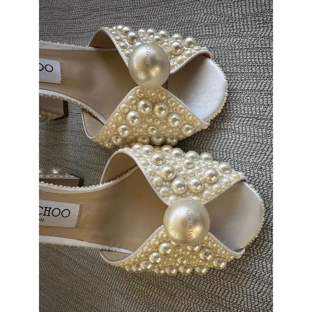 Jimmy Choo Pearl-Embellished Ivory Block Heel Sandals
